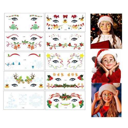 10pcs Christmas Temporary Face Tattoo Stickers,Santa Claus Snowflake Moose Face Stickers,Kids Adult Christmas Party Makeup Use
