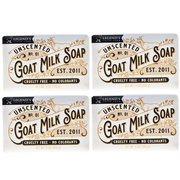 Legend's Creek Farm Goat Milk Soap - Triple Milled Cleansing Moisturizing Soap Bar for Hands and Body - 9 Oz Creamy Lather, Nourishing, Natural Soap for Sensitive Skin (Unscented, Pack of 4)