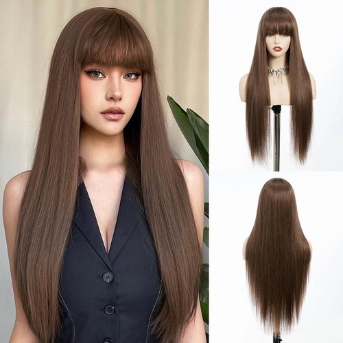 REBECCA STYLE Long Brown Wig With Bangs Long Straight Chestnut Brown Wig Synthetic Heat Resistant Wigs for Women Daily Party Use 30 Inch（Chestnut Brown）