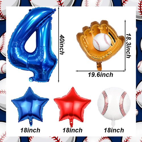 Baseball Balloons 4th Birthday Decorations for Boys, Baseball Party Decorations Baseball Sports Theme Party Supplies, 40 inch Foil Number Balloons Number 4 Balloon Blue Red White Sports Balloon Kits