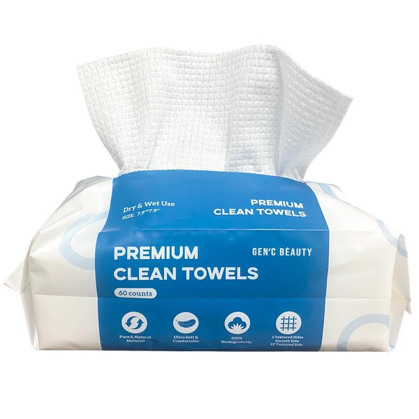 GEN'C BÉAUTY Premium Disposable Clean Towel | Biodegradable Fabric | Ultra Soft & Absorbent| EF Textured Face Towel| Makeup Removing Towel (60 count (Pack of 1))