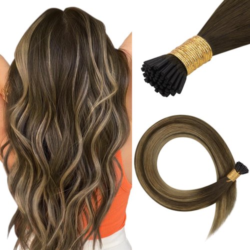 HOTBANANA I Tip Hair Extensions Human Hair, 22 Inch 50g 50s Chocolate Brown Mixed Caramel Blonde Balayage Pre Bonded ITip Hair Extensions Cold Fusion I Tip Extensions Straight I Tips Hair Extensions