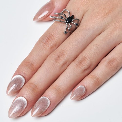 GLAMERMAID Nude Pink Magnet Cat Eye Press on Nails Short Almond, Handmade Jelly Gel Fake Nail Kit, Aurora Ombre Glitter Magnetic Glue on Nail Stiletto, Normal Medium Oval Stick on False Nail for Women