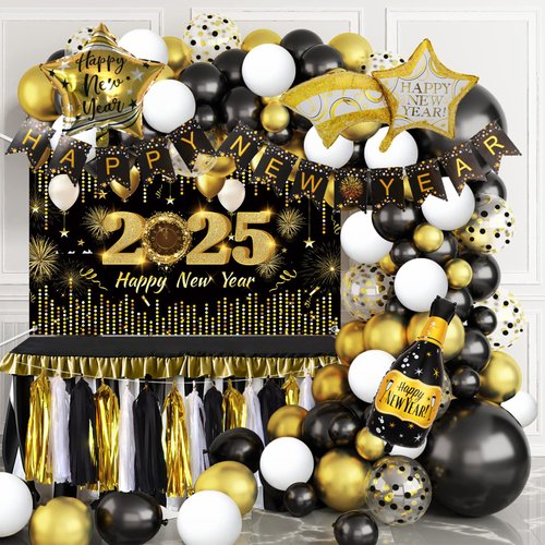 MEHOFOND 120 Pcs Black and Gold New Years Decorations 2025 Happy New Year Balloon Arch Kit with New Year Banner, New Years Eve Party Foil Tassel Garland for NYE Decorations Party Supplies