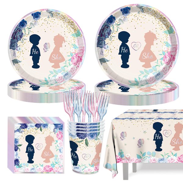 Gender Reveal Plates and Napkins, 101Pcs Gender Reveal Party Decorations-Serve 20, Boy or Girl Party Tableware Set with Disposable Paper Plates Napkins Cups Tablecloth for Gender Reveal Party Supplies