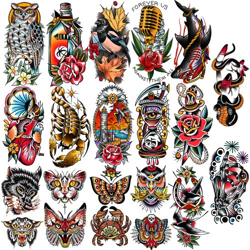 77 Sheets Classic Temporary Tattoos Adult Men, Traditional Colorful Realistic Half Arm Fake Tatto...