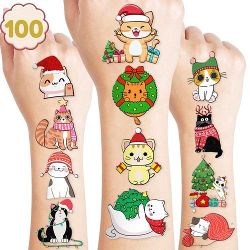 Christmas Temporary Tattoos 10 Sheets 100 PCS Cute Cat Party Decorations Favors Supplies Xmas Cat Theme Birthday Stickers Gifts for Boys Girls Kids Class School Prizes Carnival Christmas