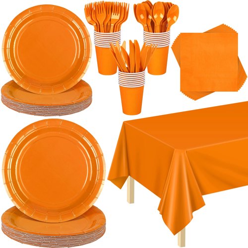 ADXCO 169 Pieces Orange Party Supplies Include Orange Plates and Cups Paper Napkins Plastic Forks Knives Spoons Tablecloth Serve 24 Guests for Orange Wedding Birthday Party Decorations
