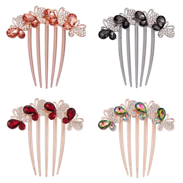 Hair Side Comb Crytal Hair Pins for Bridal, Butterfly Rhinestone Hair Clips Wedding Flower Hair Decorations Hair Tools for Brides Bridesmaids Women Ladies (4 Pack)