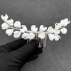 PRETTYLIFE Bridal White Hair Piece Elegant Ceramic Flower Silver Vine Hair Comb Accessories for Wedding Party