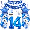 Daimay 14th Birthday Party Decorations Blue Happy Birthday Banner Flag Latex Confetti Balloons Number 14 Foil Balloon Star Mylar Balloons Cake Topper for Men Women Anniversary Party Supplies
