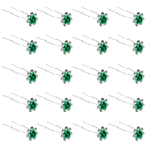 QIUTIMIY 20 Pack (Green) Crystal Hair Pins Rose Flower Rhinestone Hair Clips for Bridal Wedding Women Hair Jewelry Accessories, with Clear Container