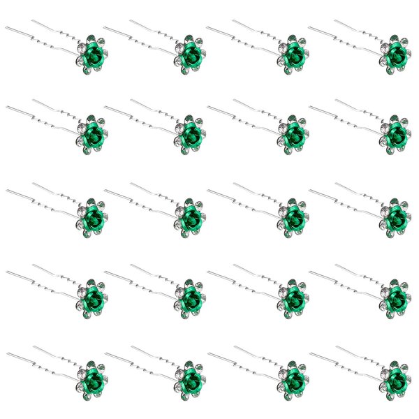 QIUTIMIY 20 Pack (Green) Crystal Hair Pins Rose Flower Rhinestone Hair Clips for Bridal Wedding Women Hair Jewelry Accessories, with Clear Container