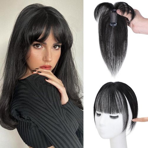 NAYOO Bangs Hair Clip 100% Real Human Hair Toppers 360°3D Cover Clip in Bangs Hair pieces Wispy Bangs for Women Hair Extensions Clip on French Bangs for Daily Wear(Natural Black)