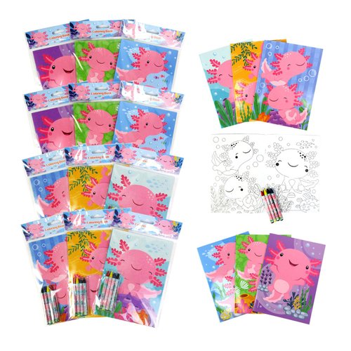TINYMILLS Axolotl Coloring Book Set, 12 Books, 48 Crayons, Birthday Party Supplies, Favors, Prizes