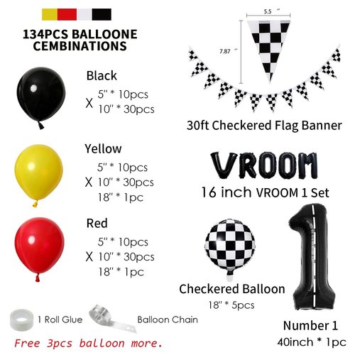 DEAPEICK 134pcs Balloons Race Car Birthday Party Supplies Decorations for Boys - Racing car Theme Party Supplies Happy Birthday Racecar Number Balloons Garland Kit Vroom Birthday Party Decorations