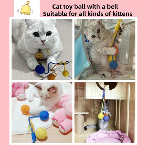 Cat Toys Ball,3Pcs Sisal Ball with Bell Inside,Funny Interactive Cat Toys for Indoor Cat,Safe Teeth Cleaning Cat Chew Toy,Hangable Kitten Toy