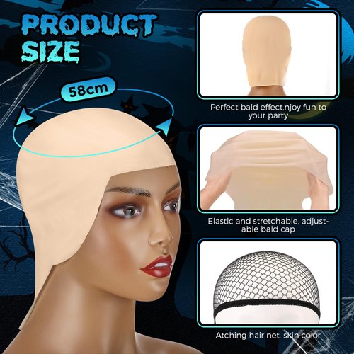 Wavwavw 6 Pcs Bald Caps Makeup Latex Bald Head Wig Cap Bald Hat Cosplay Makeup Costume Accessories for Women Men, Beige and Black