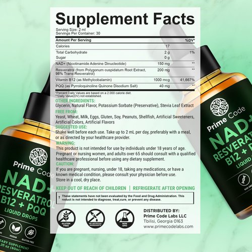 Prime Code NAD+ Liquid Drops with Resveratrol, Vitamin B12 & PQQ – Advanced Cellular Energy & Antioxidant Support – Vegan, Non-GMO, Gluten Free – Fast Absorption Supplement for Men & Women, 2 fl oz