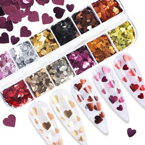 12 Grids 3D Heart Nail Art Stickers Holographic Laser Heart Nail Glitter Sequins Love Nail Decals Valentine's Day Nail Glitter Flakes Gold Red Black Silver Heart Glitter for Nail Art Decoration