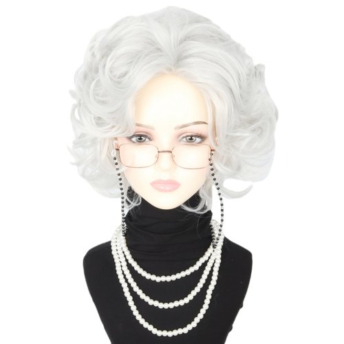 LeMarnia Old Lady Wigs and Accessories 5 Piece Set Short Curly Beige Gray Granny Wig for Cosplay 100 Years Old Man Costume Wig Halloween Party Wig