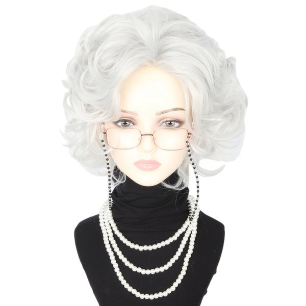 LeMarnia Old Lady Wigs and Accessories 5 Piece Set Short Curly Beige Gray Granny Wig for Cosplay 100 Years Old Man Costume Wig Halloween Party Wig