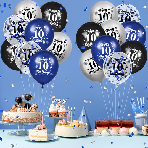 RUMIA Blue 10th Birthday Balloons 24Pcs Navy Blue Black Silver Happy 10th Birthday Latex Balloons Confetti Balloons for Boy Girls 10th Birthday Anniversary Party Decorations Supplies 12 inches