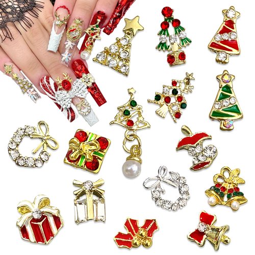 15Pcs Christmas Nail Charms for Nails Art Bling Xmas Trees Nail Rhinestones Luxury Metal Gift Bell Apple Nail Art Charms Design 3D Alloy Nail Jewelry Silver Green Red Nail Gems for Women Winter DIY