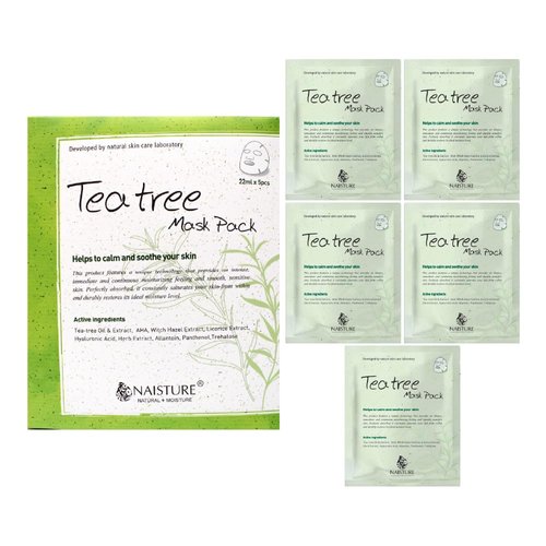 Naisture Premium Facial Sheet Mask – Tea Tree 5 Pack Korean Face Mask Skin Care - Soothing, Hydrating, Calming Skin care Sheet mask for All Skin Type & Home Spa Self Care Gift Mask for Women & Man