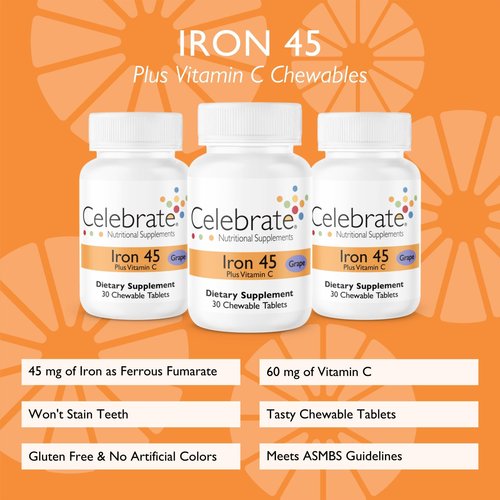 Celebrate Vitamins Iron with Vitamin C Chewables, 45 mg Iron, Grape, Bariatric Vitamins for WLS Patients Including Sleeve Gastrectomy and Gastric Bypass Surgery, 90 Count, 3 Month Supply
