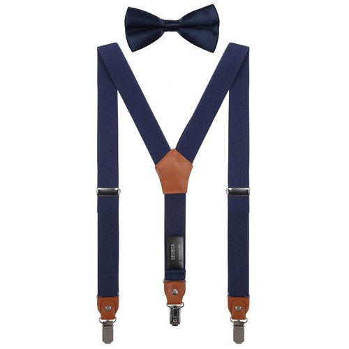 DEOBOX Suspenders for Boys & Bow Tie Set Adjustable with Strong Clips Navy Blue 30"