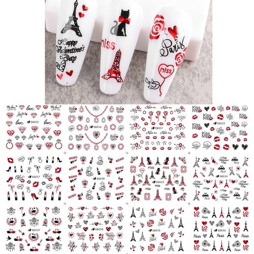 12 Sheets Valentine's Day Nail Art Stickers 3D Self-Adhesive Nail Decals Sexy Red Lips Rose Diamond Heart Eiffel Tower Nail Designs Nail Art Supplies for Women Girls Nail Art Decorations