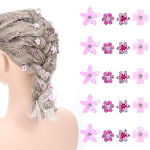 Tyqour 20Pcs Mini Flower Hair Clips Pink Hair Clips Cute Rhinestone Flower Hair Pins Small Decora...