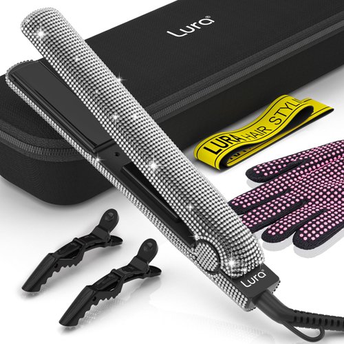 250-500°F Flat Iron for Black Women Hair,Rhinestones Hair Straightener for Black Hair,Bling Diamond Dual Voltage Straightener for 4c Hair,Professional High Heat Straightening Iron for Salon.(White)
