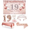 Trgowaul 19th Birthday Decorations Party Set for girls, Rose Gold 19 Birthday Banner and Tablecloth, 19& Fabulous Sash and Tiara, 1PC Happy 19th Birthday Cake Topper, Pink Gold 19 Number Balloons