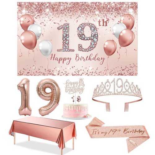 Trgowaul 19th Birthday Decorations Party Set for girls, Rose Gold 19 Birthday Banner and Tableclo...