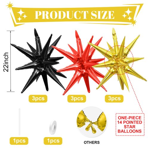 Black Red Gold Star Balloons,9Pcs Black Gold Explosion Star Foil Balloons,22Inch Spike Cone Star Helium Mylar Balloons for Birthday Anniversary Baby Shower New Year Disco Party Decorations