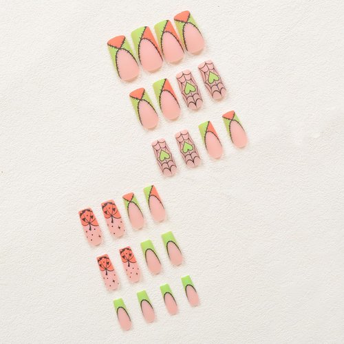 Halloween French Tip Press on Nails Pumpkin Fake Nails Square Shape Acrylic Nails Halloween Full Cover False Nails Cute Stick on Nails Reusable Artificial Nails Heart Glue on Nails for Women Girls