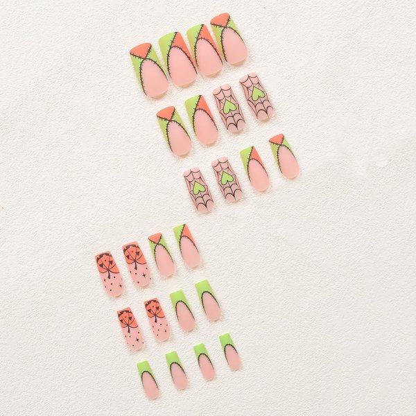 Halloween French Tip Press on Nails Pumpkin Fake Nails Square Shape Acrylic Nails Halloween Full Cover False Nails Cute Stick on Nails Reusable Artificial Nails Heart Glue on Nails for Women Girls