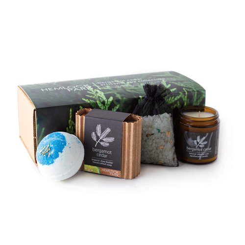 Hemlock Park Artisanal Spa Collection | Apothecary Candle, Shea Butter Soap, Bath Bomb, Mineral Salt Bath Soak | Handcrafted with Organic Ingredients (Bergamot Cedar)