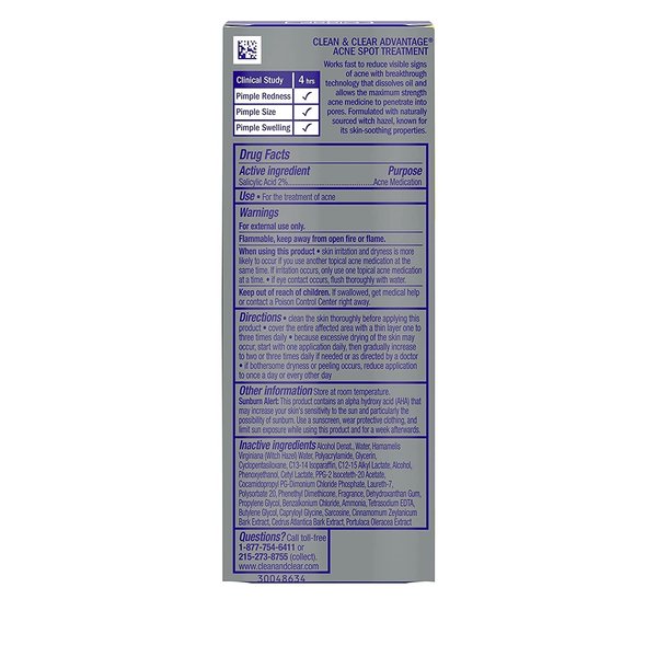 Clean & Clear Advantage Acne Spot Treatment, Oil Free Acne Treatment with Salicylic Acid, Gel Pimple Cream for Adults and Teens, Witch Hazel & Salicylic Acid Medication.75 oz (Pack of 4)