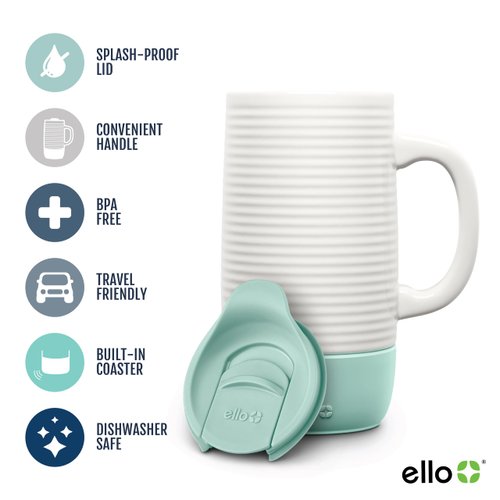 Ello Jane 18oz Ceramic Travel Mug with Handle, Splash-Resistant Slider Lid and Built-in Coaster, Perfect for Coffee and Tea, BPA Free, Dishwasher Safe, Holiday Gift Her Him, Yucca