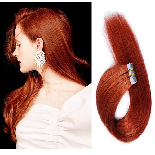 16 Inch Tape in Hair Extensions Remy Human Hair Extensions Se mi-Permanent Pre-taped Invisible Weft Color Straight #350 Copper Red 20 pcs/50g (16", Copper Red)