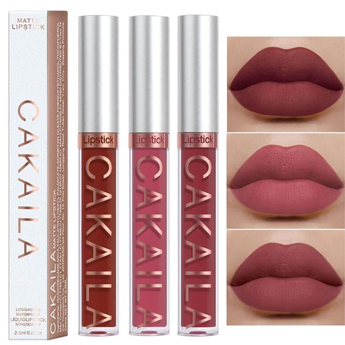 CAKAILA 3Pcs Nude Matte Liquid Lipsticks Sets,Velvet Matte Lip Gloss Lip Stick Makeup for Women,Long Lasting Waterproof Non-Stick Cup Non-Drying 24 Hours,labiales mate 24 horas originales