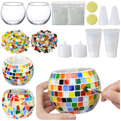 Sunnychicc 2 Set Glass Mosaic Candle Holder Kit Include Glass Tea Light Holder, Glass Mosaic Tiles DIY Crafts Creativity Handmade Artwork for Adults Home Lighting Decor (Rainbow Theme)