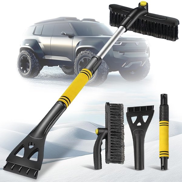 Pastaus Ice Scrapers for Car Windshield 32“ Snow Brush for Car with Ice Scraper Telescoping Handle and 360° Rotating Brush Head, Winter Car Accessories for Cars Trucks and SUVs - Yellow