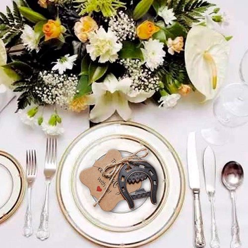 Bodosac 30pcs Cast Iron Lucky Horseshoes Opener with Tag Cards Sheer Bag for Vintage Wedding Favors Party Favor Decorations