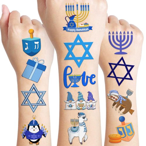 100 PCS Happy Hanukkah Temporary Tattoos Sticker Birthday Light Chanukah Party Decorations Supplies Favors Boys Girls Menorah Star David Dreidel Cute Fake Tattoo School Reward Themed Christmas Holiday