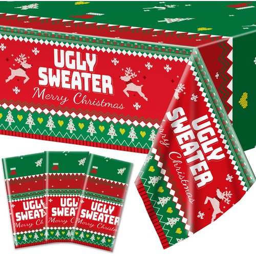 gisgfim 3pcs Christmas Ugly Sweater Party Tablecloths 105x54 Inch Tacky Sweater Plastic Table Cover Merry Christmas Party Supplies Decorations for Indoor Outdoor Family Parties and Celebrations
