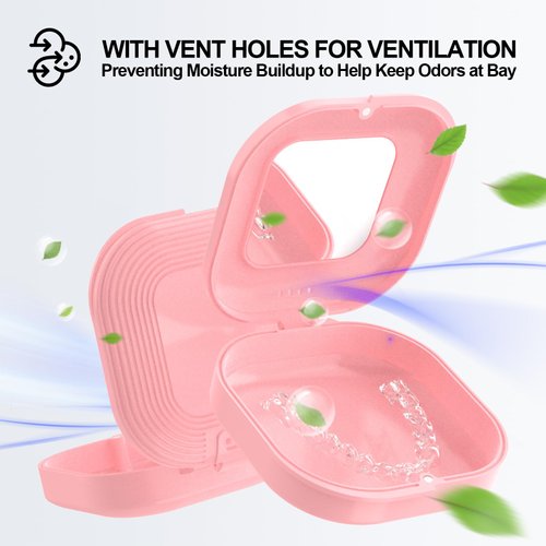 Retainer Case with Mirror and Vent Holes, Cute Retainer Holder Case Compatible with Invisalign, Aligner and Night Guard Case, Slim Retainer Case with Retainer Removal Tool, Chewies & Brush (Pink)